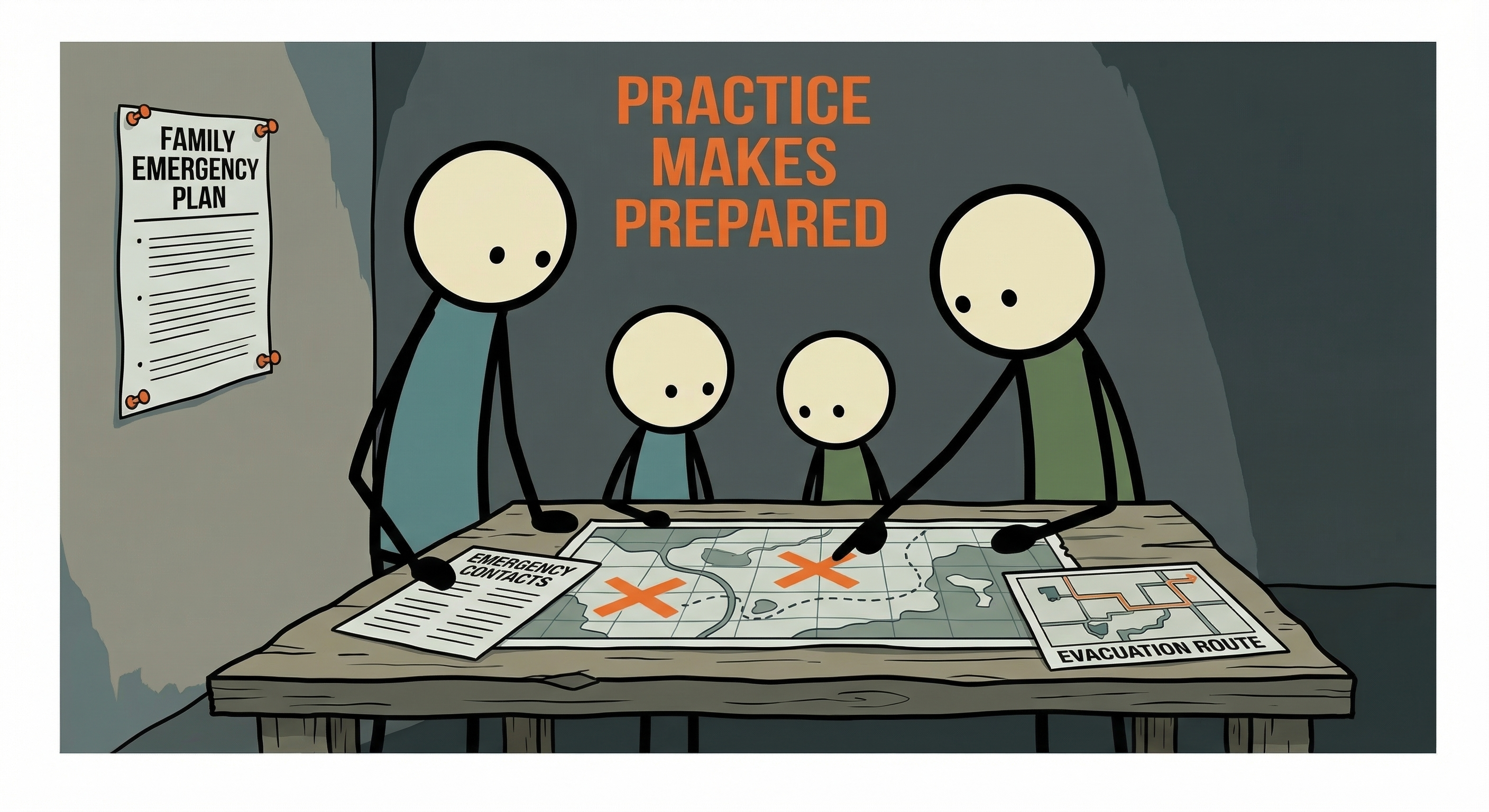 Stick figure family reviewing emergency action plan