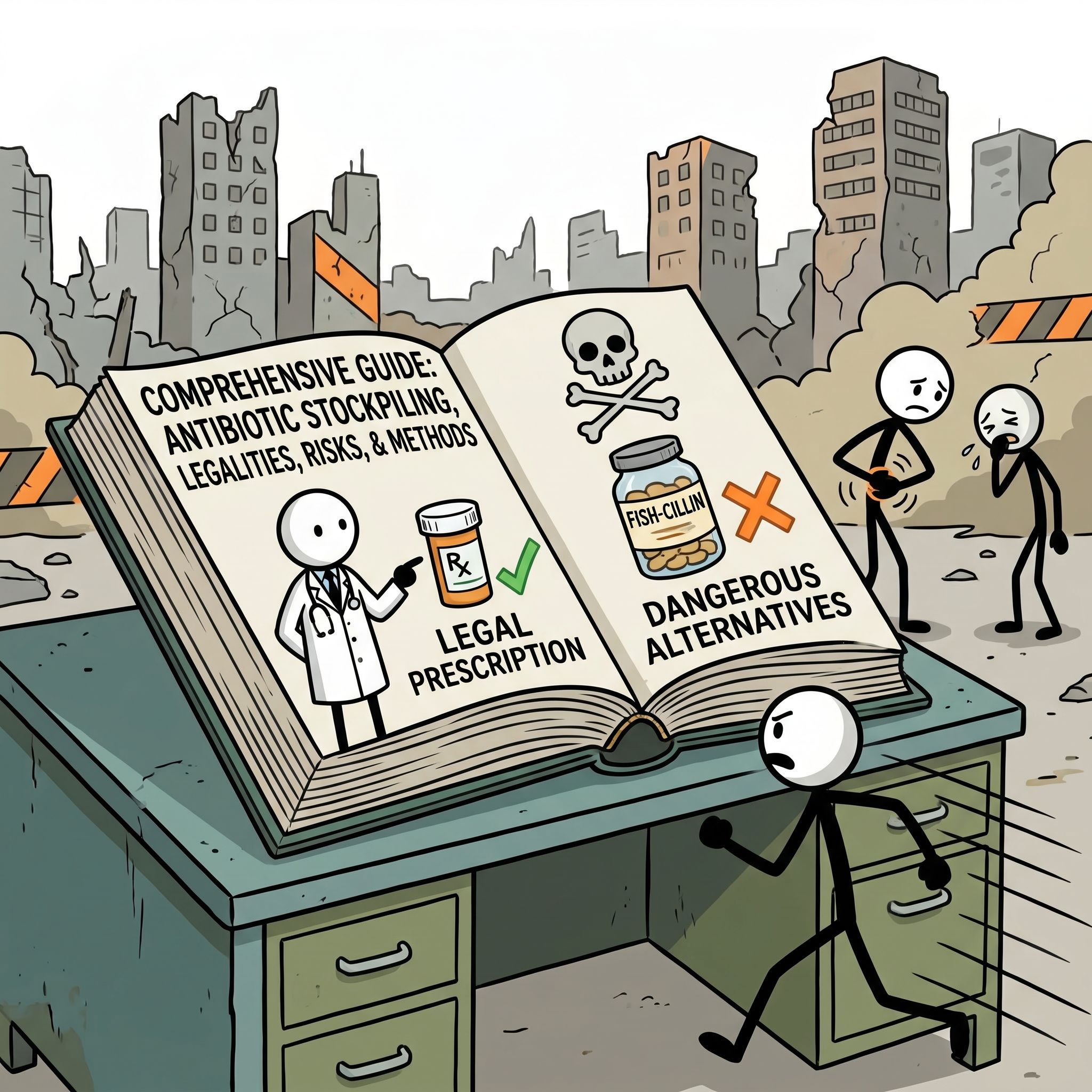 SC-style illustration for A comprehensive guide detailing the legalities, safety risks, and legitimate methods for stockpiling antibiotics for emergency preparedness, distinguishing between legal prescription acquisition and dangerous alternatives like fish antibiotics.