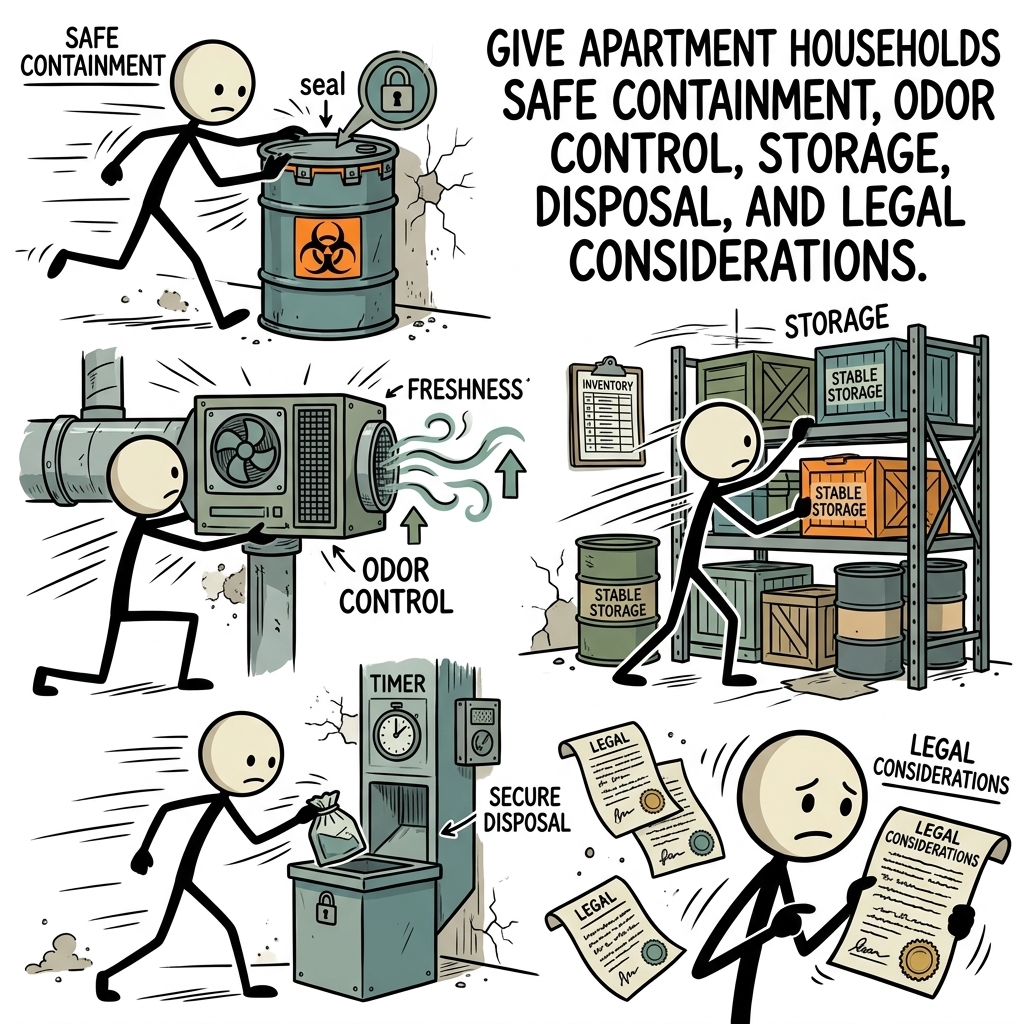 SC-style illustration for Give apartment households safe containment, odor control, storage, disposal, and legal considerations.