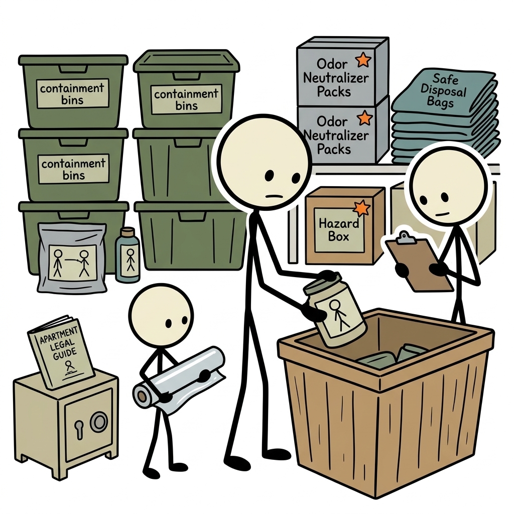 SC-style illustration for Give apartment households safe containment, odor control, storage, disposal, and legal considerations.