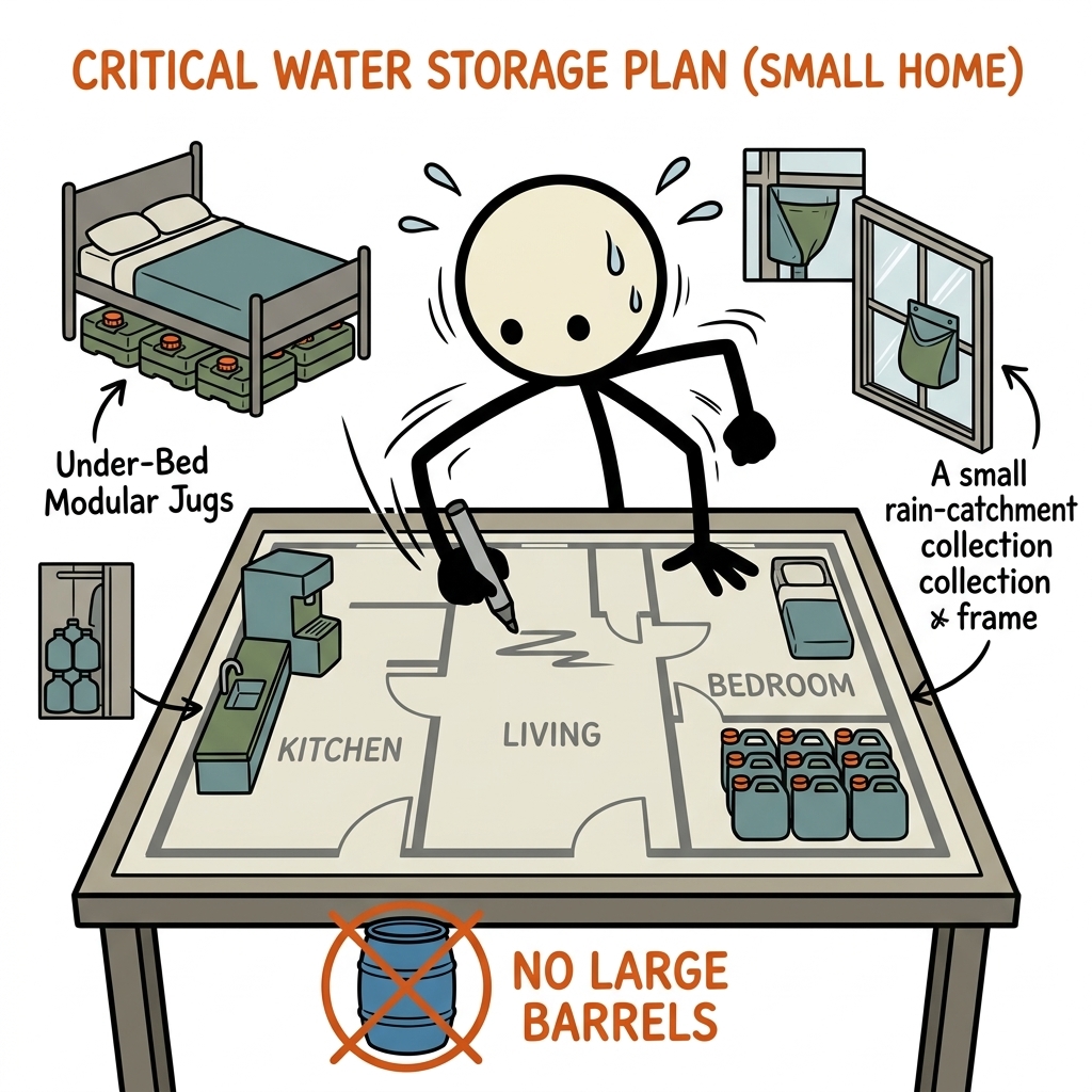 SC-style illustration for Plan practical water storage for small homes without garages, basements, or large barrels.