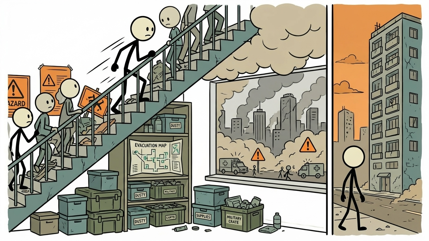 SC-style illustration for emergency preparedness for apartments with space-efficient storage, evacuation planning, stairwell realities, and urban risks