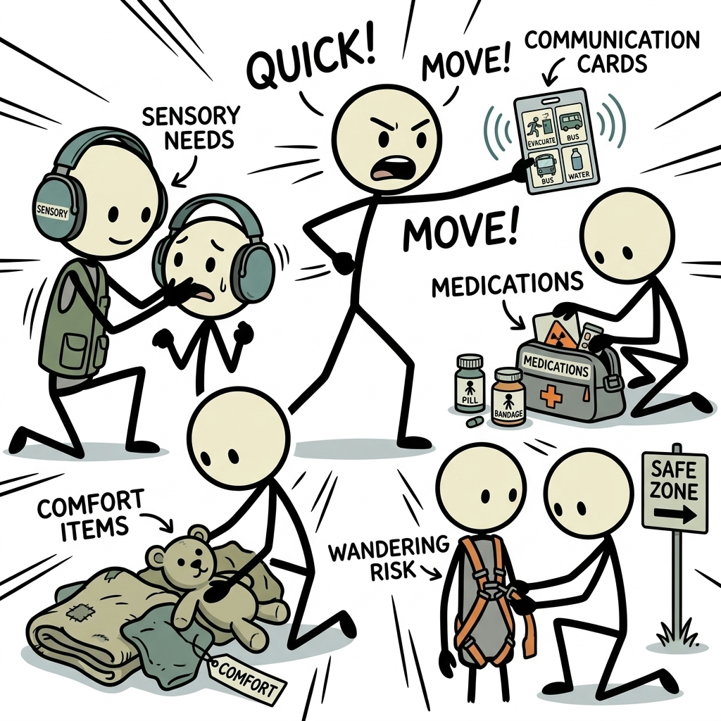 SC-style illustration for Adapt emergency plans for sensory needs, communication, medications, comfort items, and wandering risk.