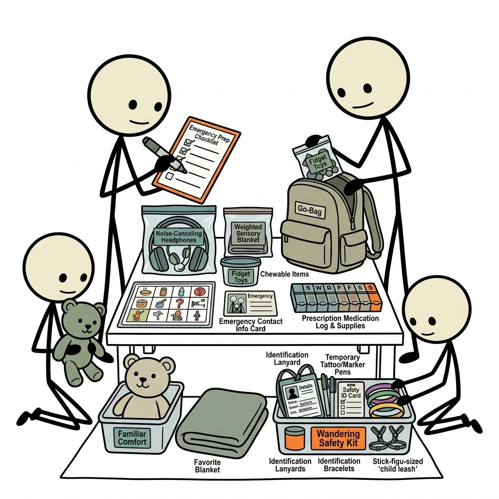 SC-style illustration for Adapt emergency plans for sensory needs, communication, medications, comfort items, and wandering risk.
