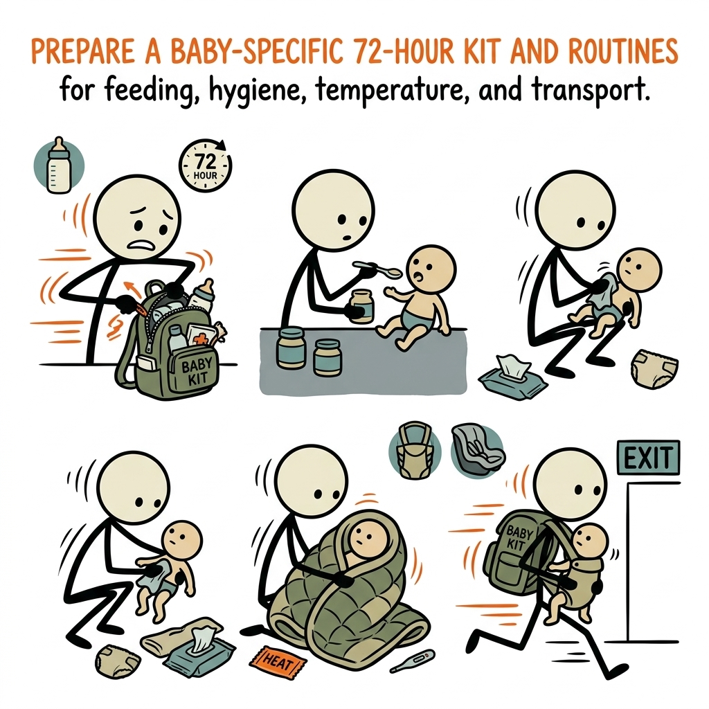 SC-style illustration for Prepare a baby-specific 72-hour kit and routines for feeding, hygiene, temperature, and transport.