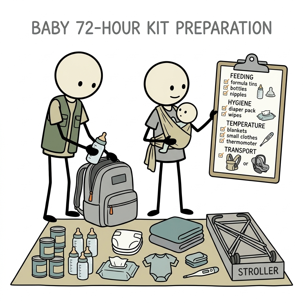 SC-style illustration for Prepare a baby-specific 72-hour kit and routines for feeding, hygiene, temperature, and transport.