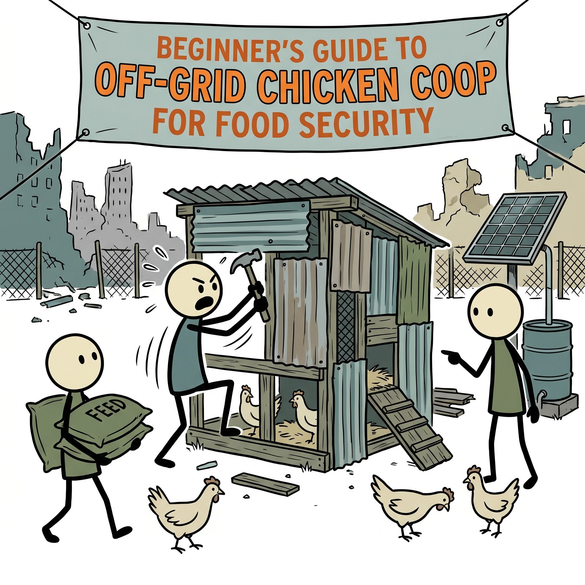 SC-style illustration for A comprehensive beginner's guide to setting up a backyard chicken coop specifically optimized for long-term emergency food security, off-grid egg production, and self-reliance during supply chain disruptions.