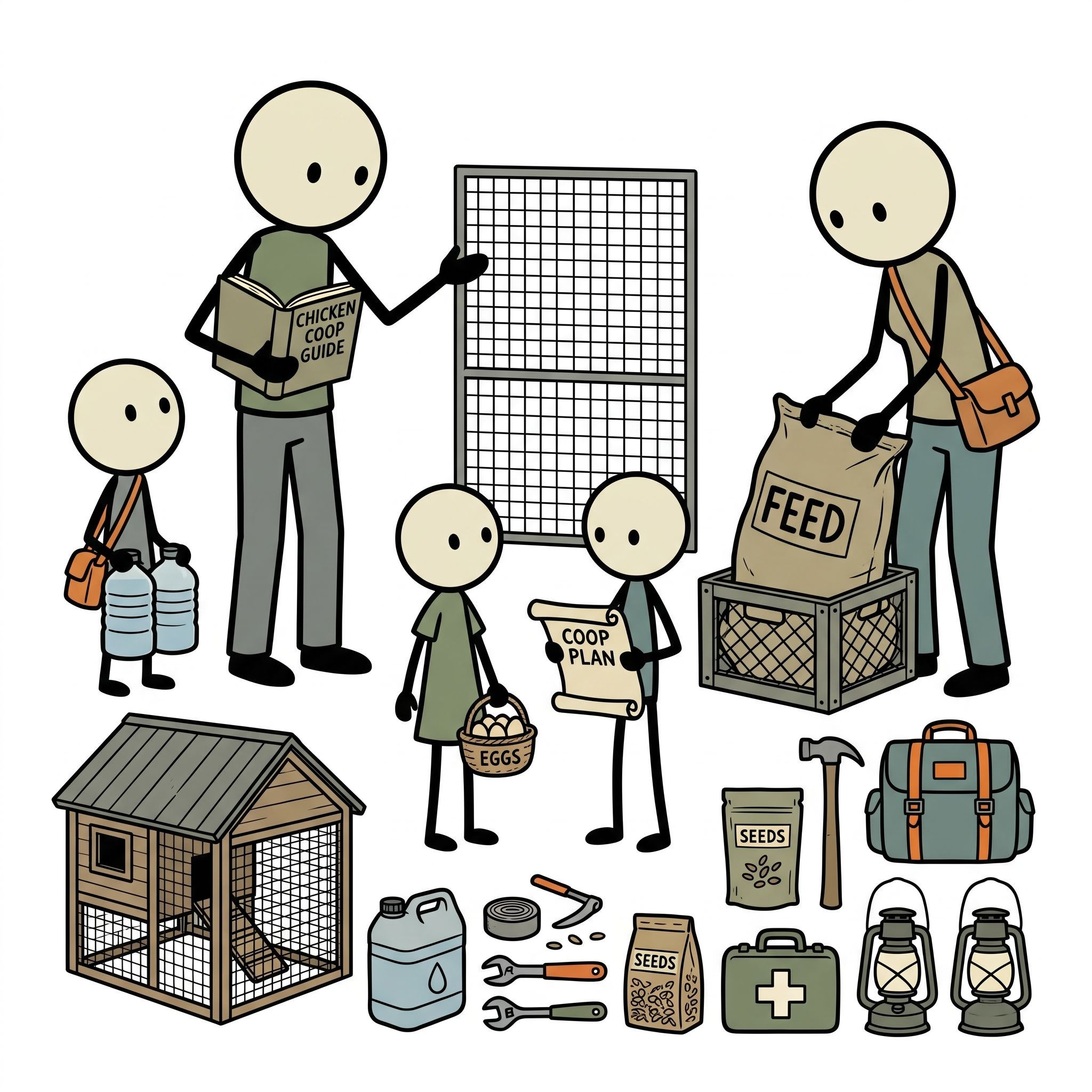 SC-style illustration for A comprehensive beginner's guide to setting up a backyard chicken coop specifically optimized for long-term emergency food security, off-grid egg production, and self-reliance during supply chain disruptions.
