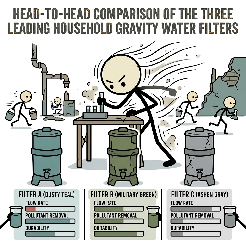 SC-style illustration for Head-to-head comparison of the three leading household gravity water filters