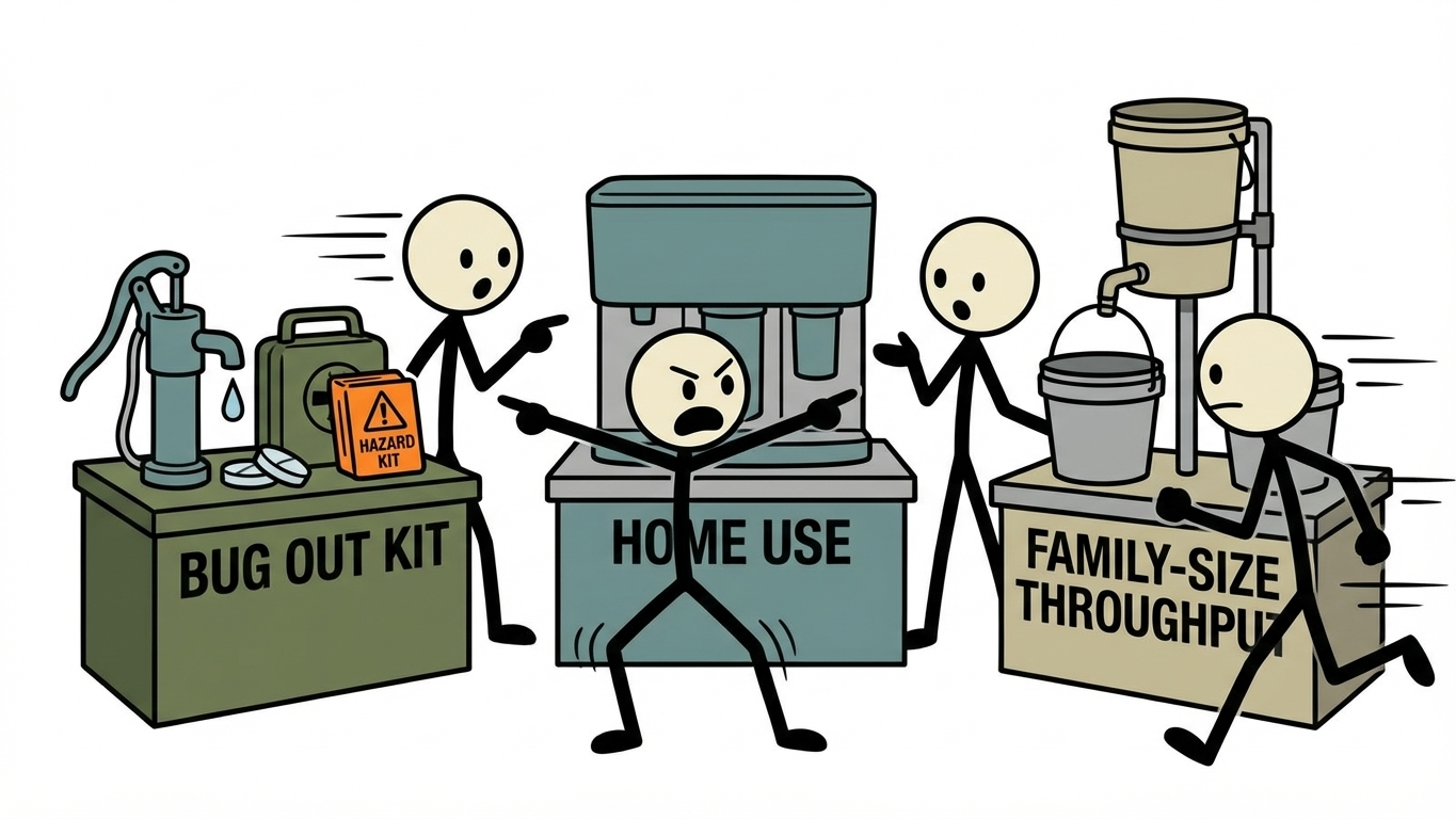 SC-style illustration for comparing emergency water filtration and purification options for home use, bug out kits, and family-size throughput