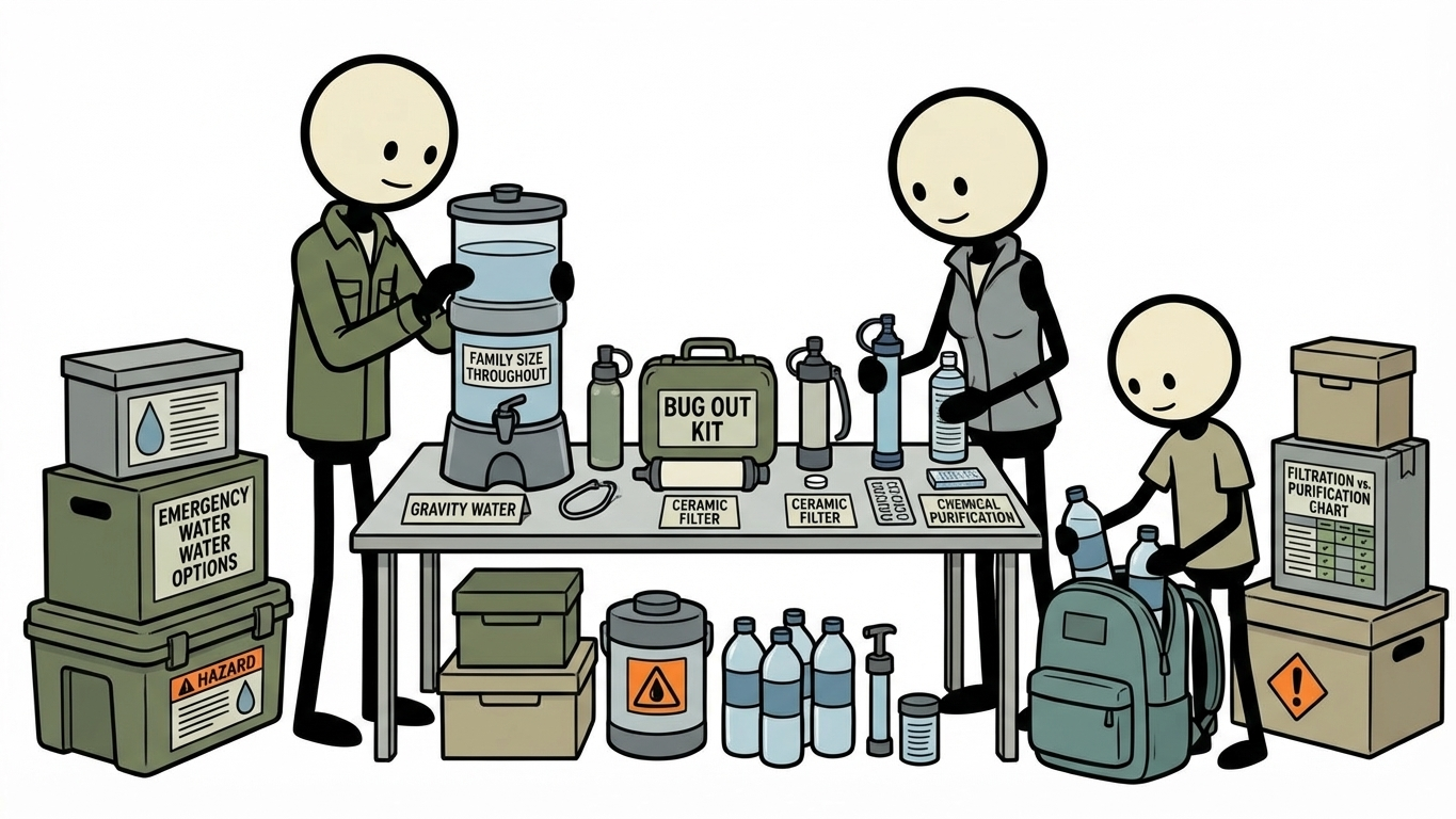 SC-style illustration for comparing emergency water filtration and purification options for home use, bug out kits, and family-size throughput