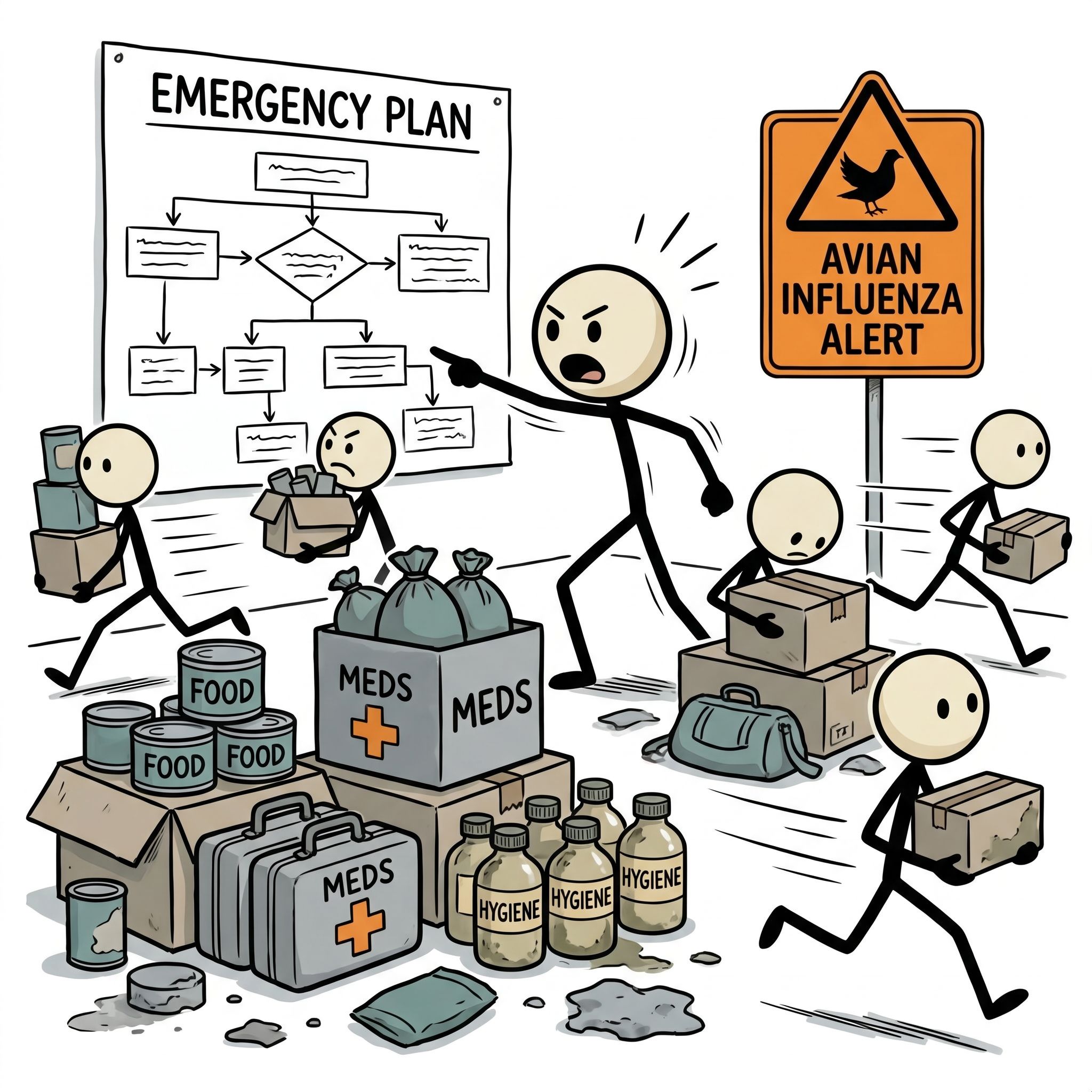 SC-style illustration for A comprehensive guide helping families prepare for a potential avian influenza outbreak by detailing essential medical, food, and hygiene supplies to stockpile alongside actionable household emergency plans.