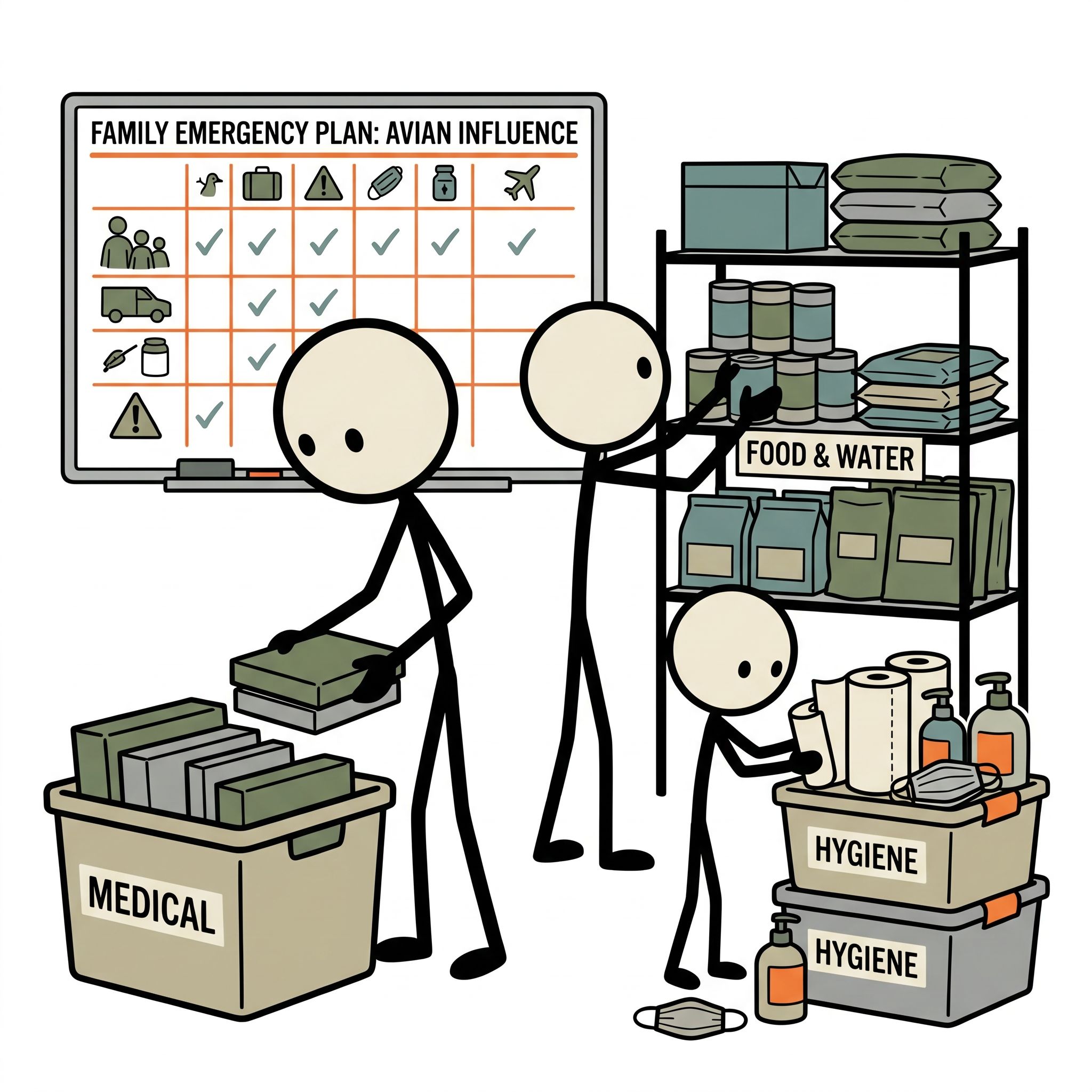 SC-style illustration for A comprehensive guide helping families prepare for a potential avian influenza outbreak by detailing essential medical, food, and hygiene supplies to stockpile alongside actionable household emergency plans.