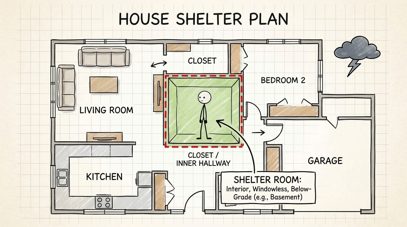 House diagram showing best shelter room selection away from windows