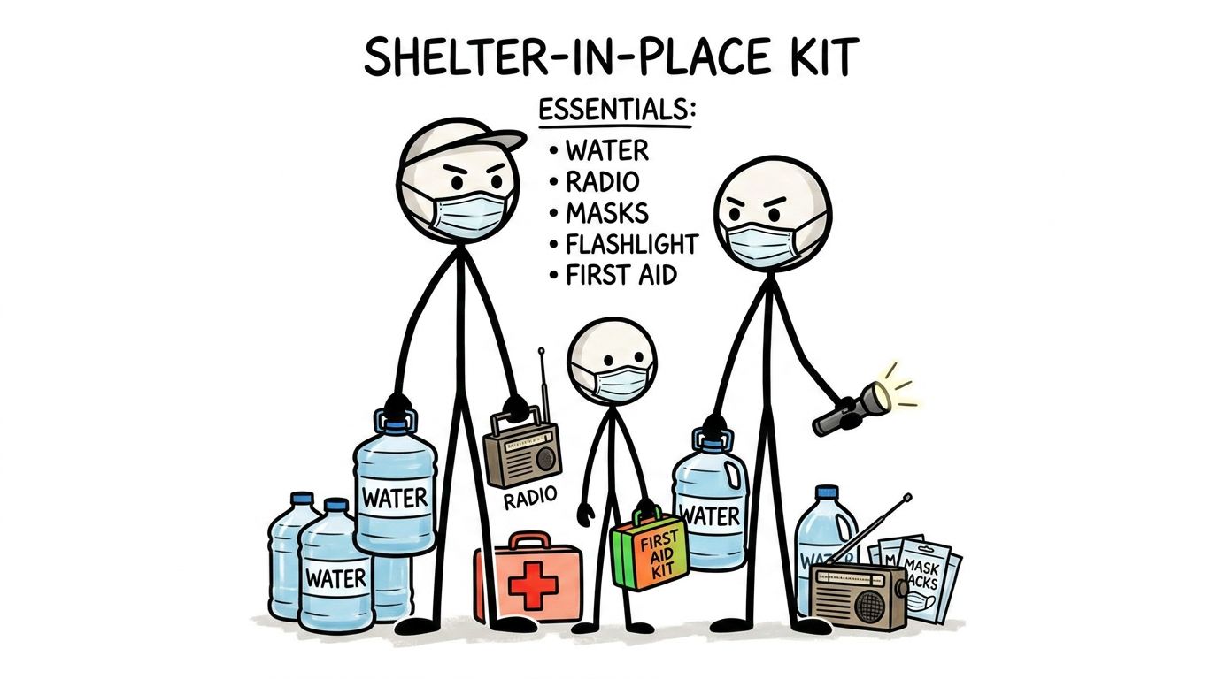Shelter-in-place kit with water, radio, masks and first aid supplies