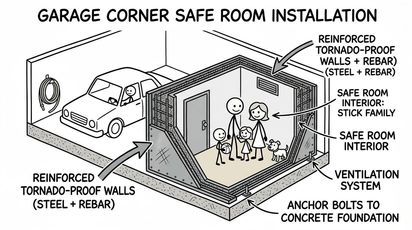 Above-ground safe room installation in garage corner with reinforced walls