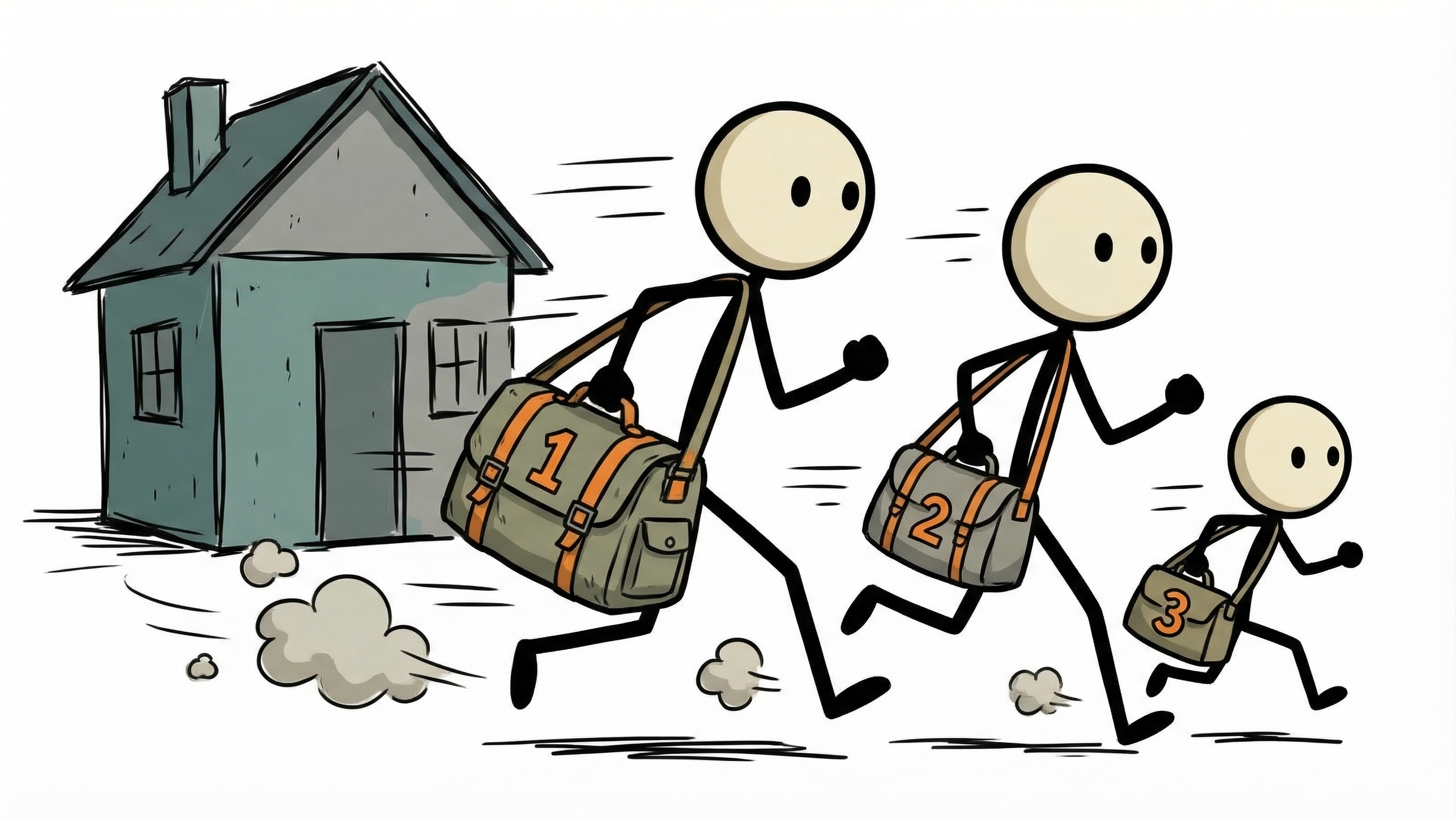 Stick figure family evacuating with priority bags labeled 1, 2, 3