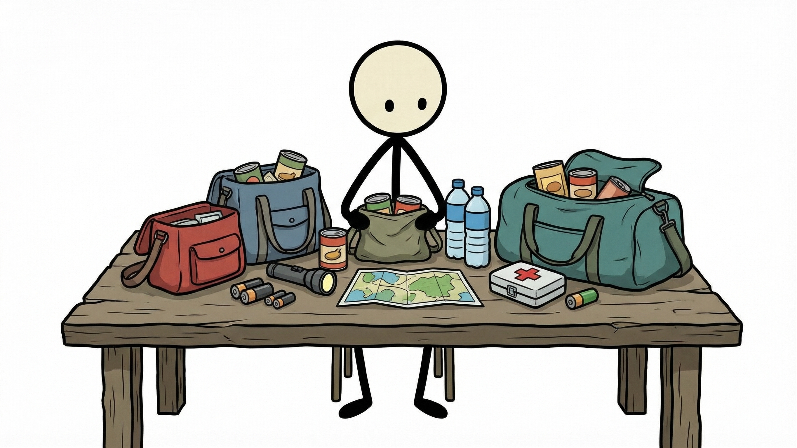 Stick figure planning emergency supplies across three bags of different sizes