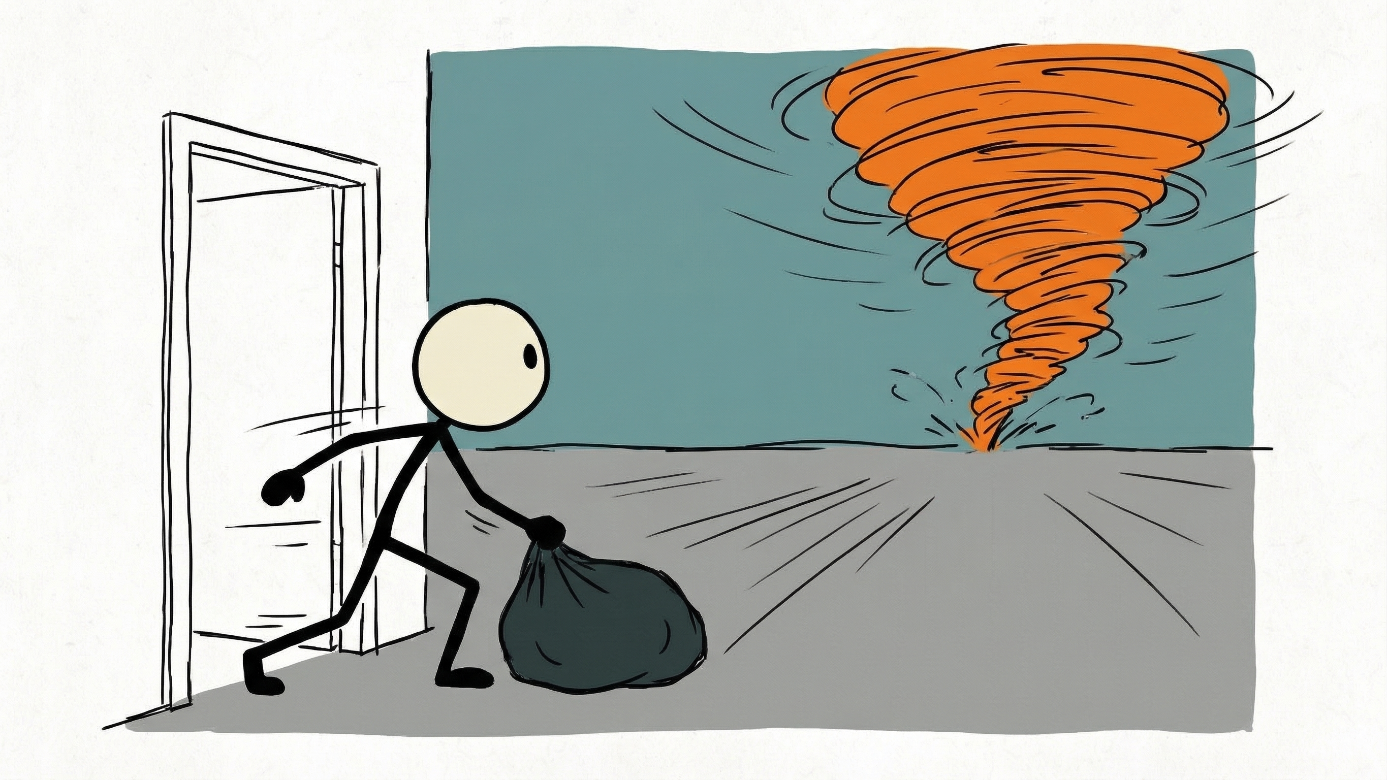 Stick figure grabbing emergency bag while tornado approaches on the horizon