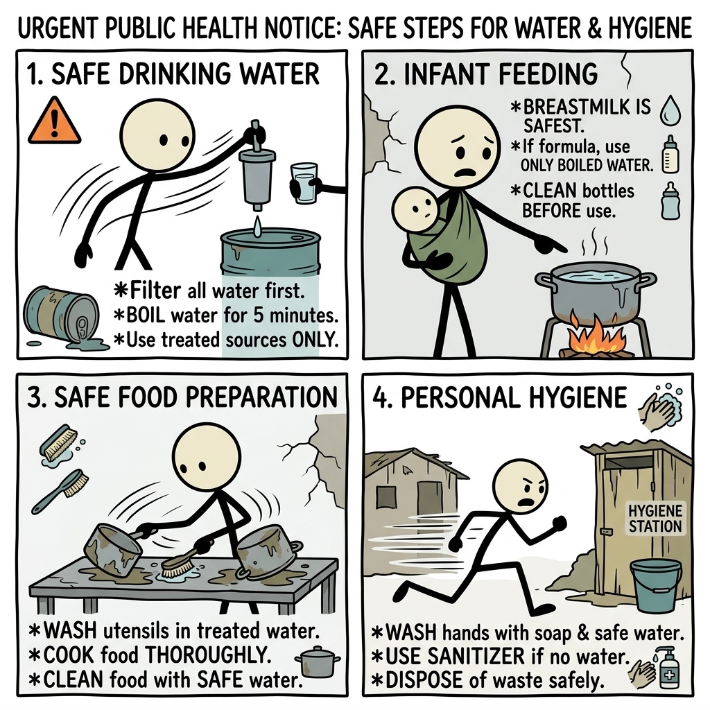 SC-style illustration for Turn a confusing public-health notice into clear steps for drinking, infant feeding, food, and hygiene.