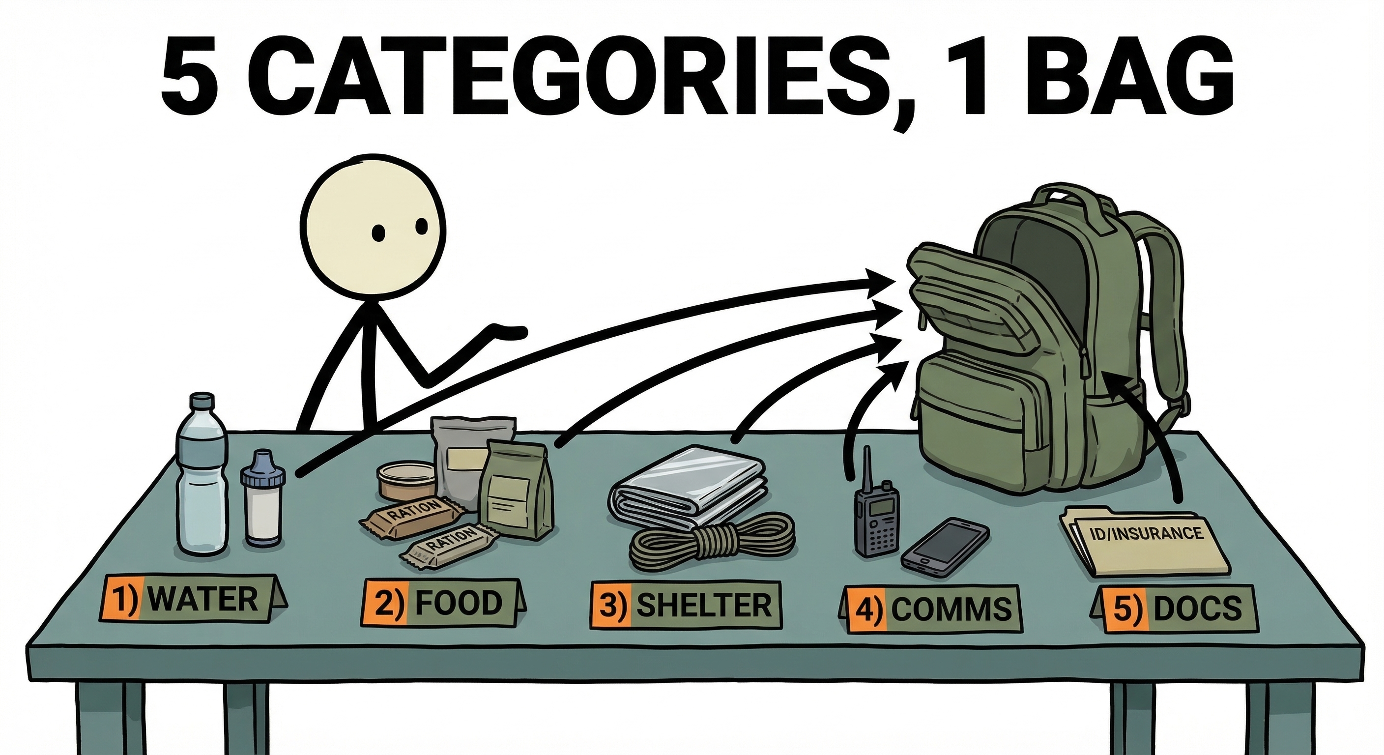 Stick figure organizing bug-out bag contents into categories
