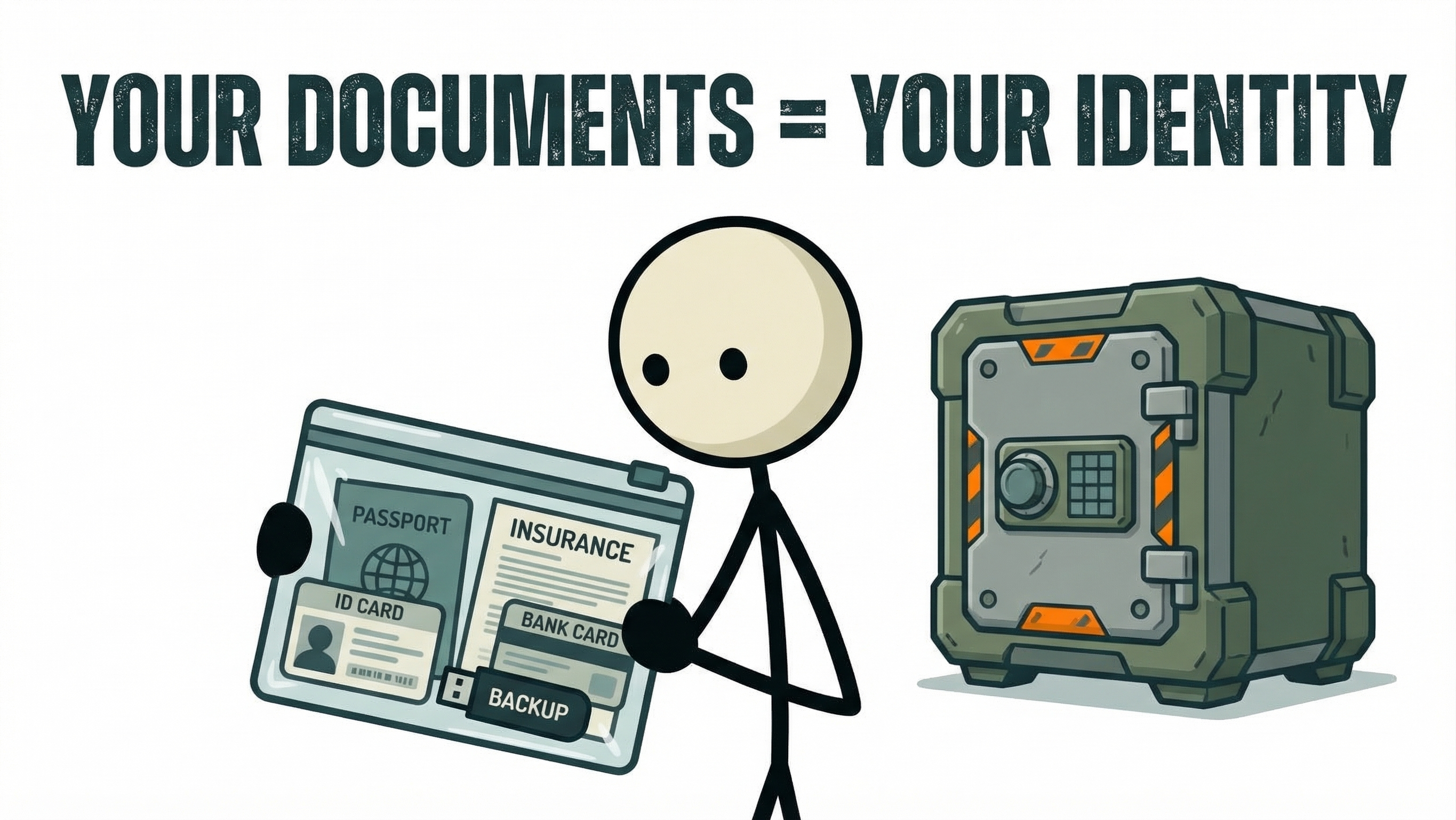 Stick figure with waterproof document pouch for emergency
