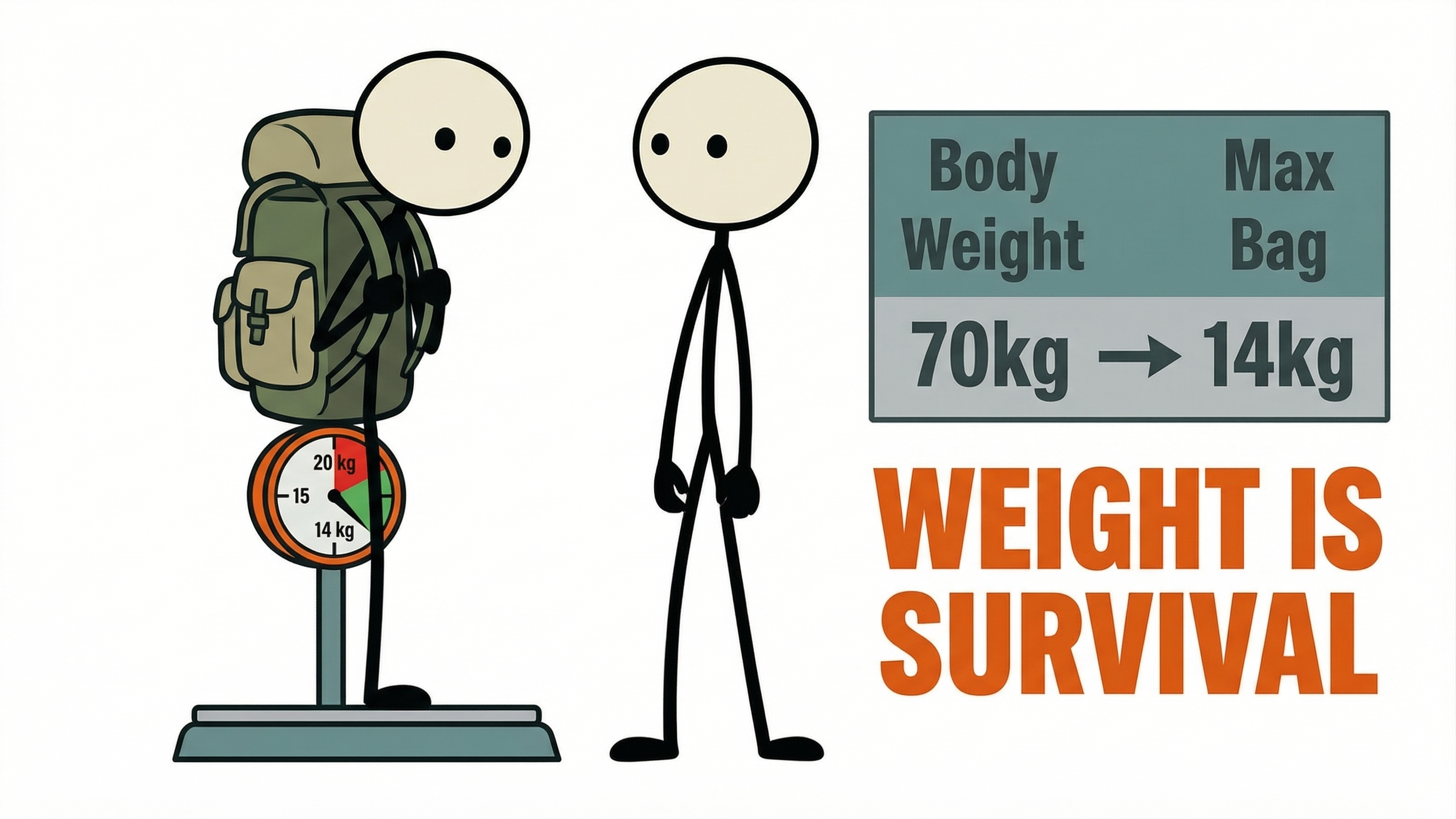Stick figure checking bug-out bag weight on scale