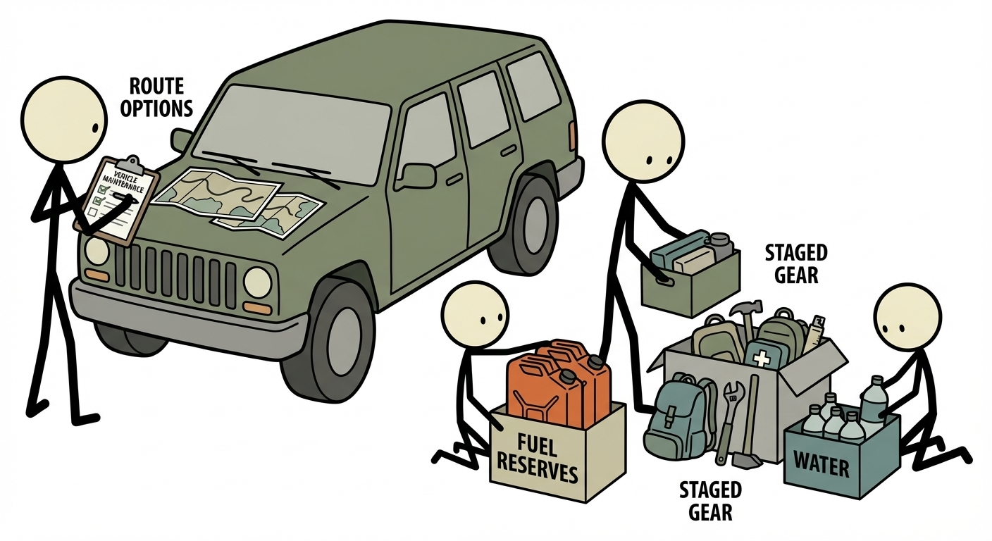 SC-style illustration for vehicle-based evacuation planning including maintenance baseline, route options, fuel reserves, and staged gear