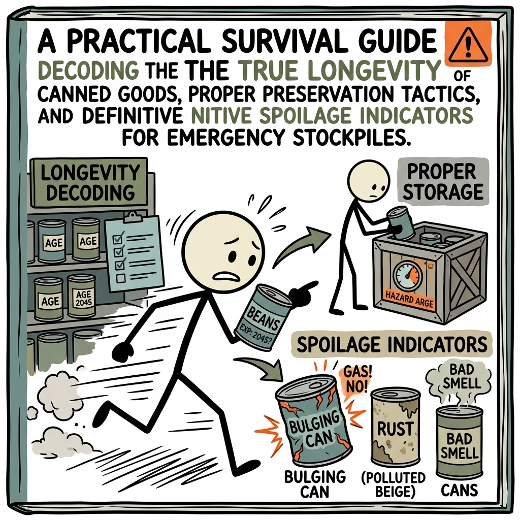 SC-style illustration for A practical survival guide decoding the true longevity of canned goods, proper preservation tactics, and definitive spoilage indicators for emergency stockpiles.