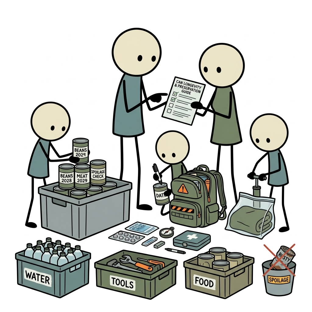 SC-style illustration for A practical survival guide decoding the true longevity of canned goods, proper preservation tactics, and definitive spoilage indicators for emergency stockpiles.