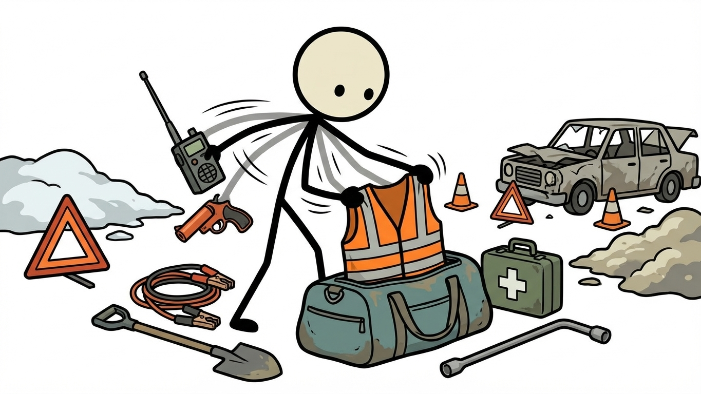 SC-style illustration for vehicle emergency preparedness including tools, seasonal gear, communication backups, and roadside safety protocol
