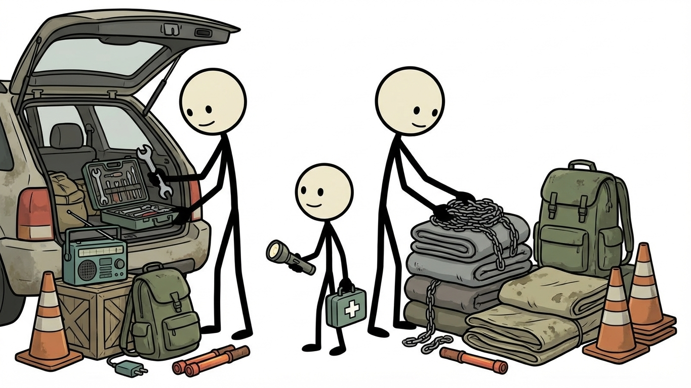 SC-style illustration for vehicle emergency preparedness including tools, seasonal gear, communication backups, and roadside safety protocol
