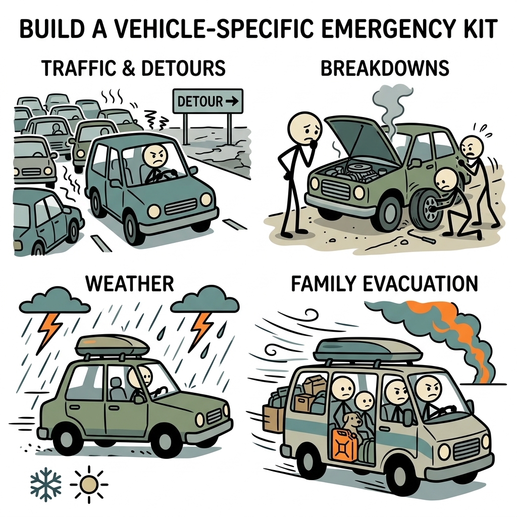 SC-style illustration for Build a vehicle-specific kit for traffic, detours, breakdowns, weather, and family evacuation.