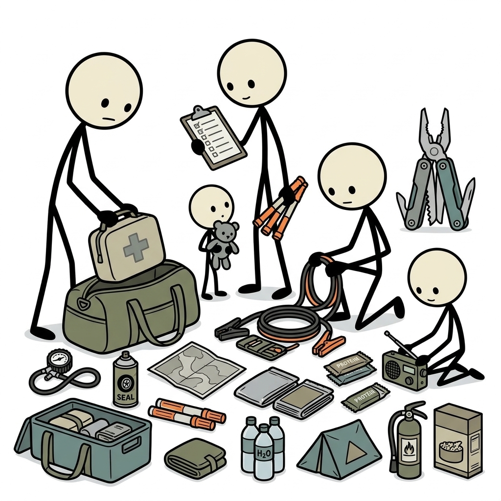 SC-style illustration for Build a vehicle-specific kit for traffic, detours, breakdowns, weather, and family evacuation.