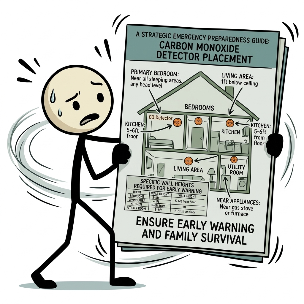 SC-style illustration for A strategic emergency preparedness guide detailing the exact rooms and wall heights required for carbon monoxide detectors to ensure early warning and family survival.