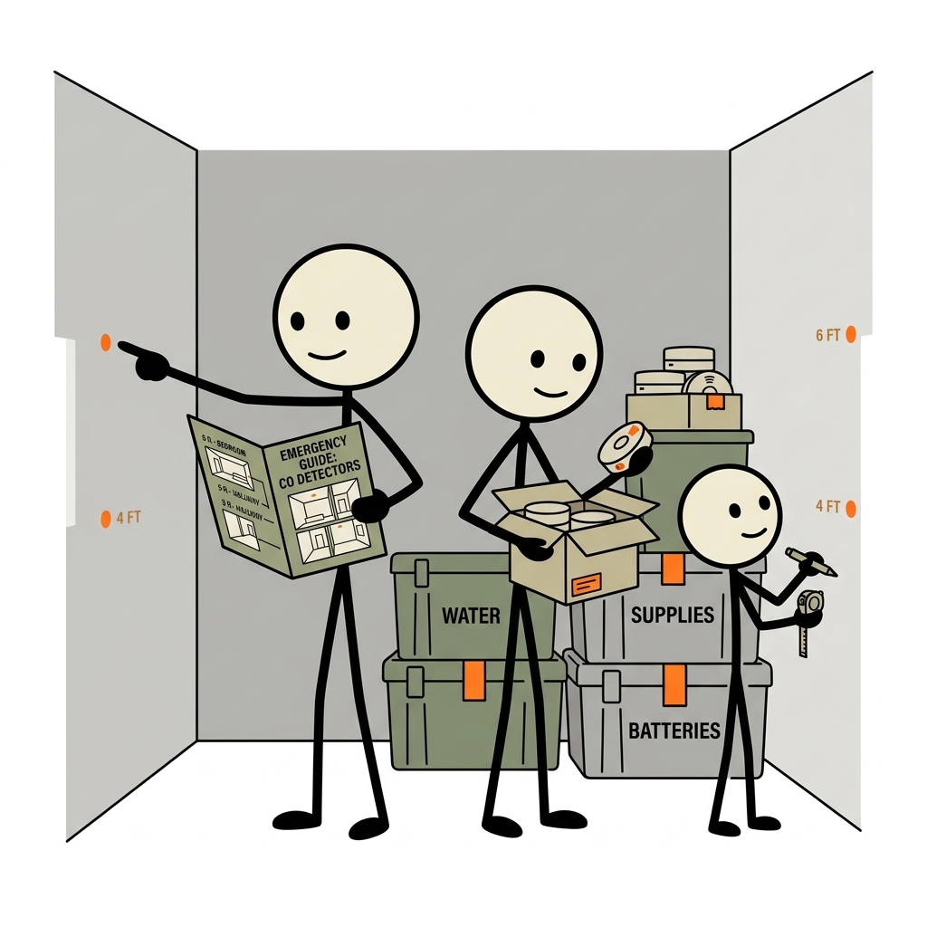 SC-style illustration for A strategic emergency preparedness guide detailing the exact rooms and wall heights required for carbon monoxide detectors to ensure early warning and family survival.