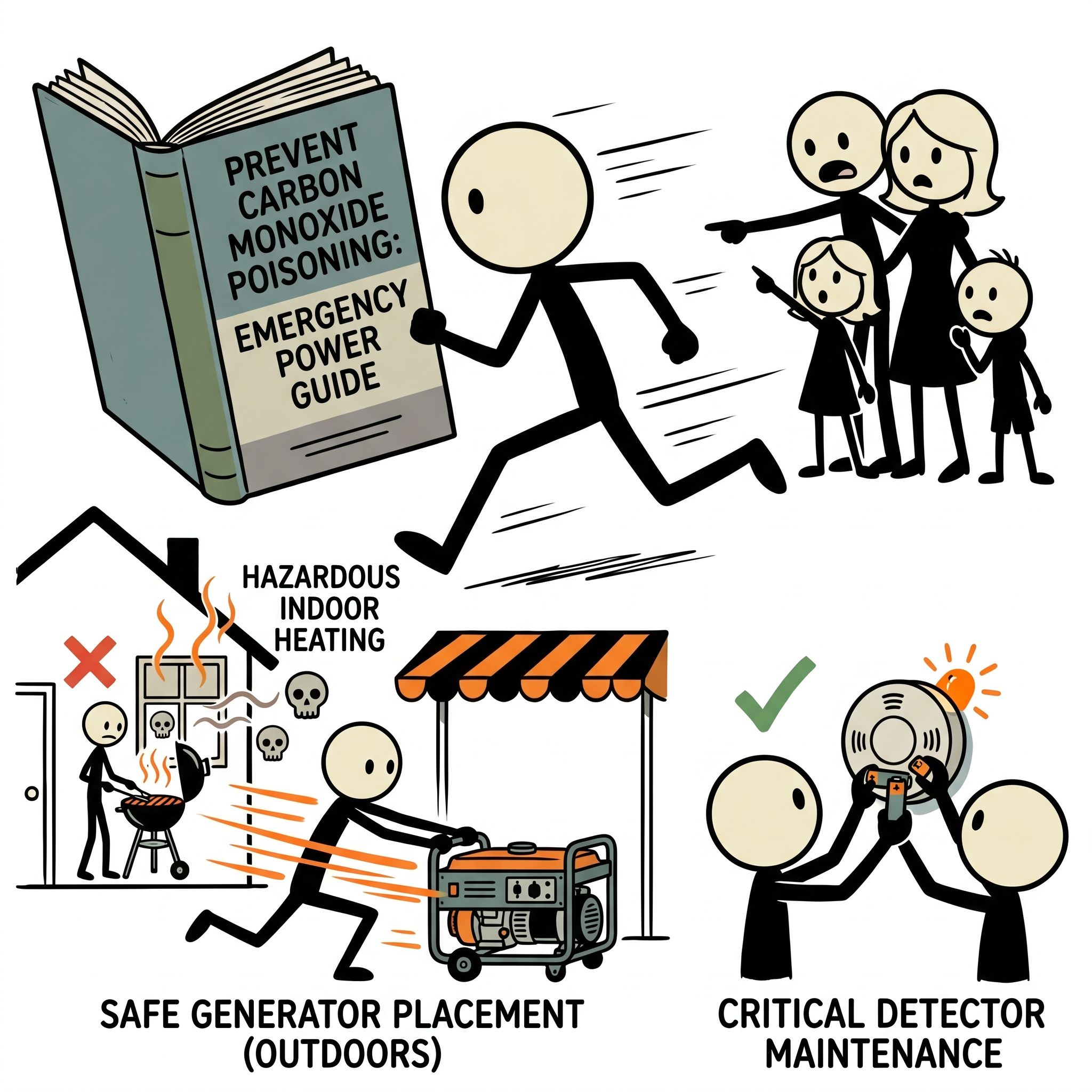 SC-style illustration for This comprehensive guide focuses on preventing carbon monoxide poisoning during emergency power outages by detailing safe generator placement, alternative heating hazards, and critical detector maintenance to keep families safe when the grid goes down.