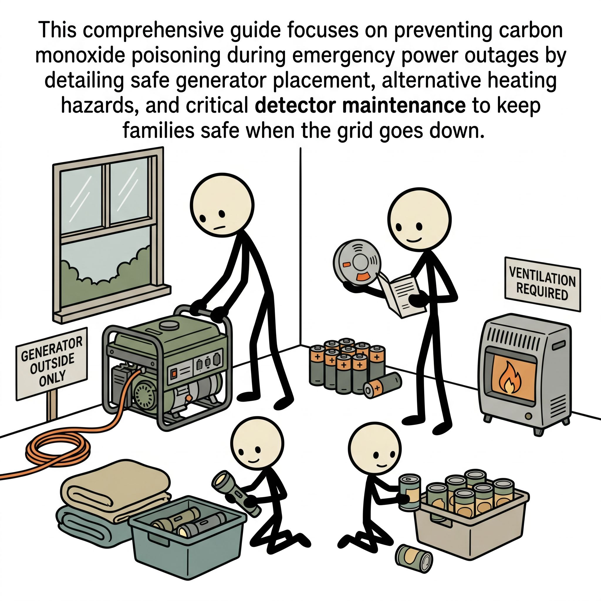 SC-style illustration for This comprehensive guide focuses on preventing carbon monoxide poisoning during emergency power outages by detailing safe generator placement, alternative heating hazards, and critical detector maintenance to keep families safe when the grid goes down.