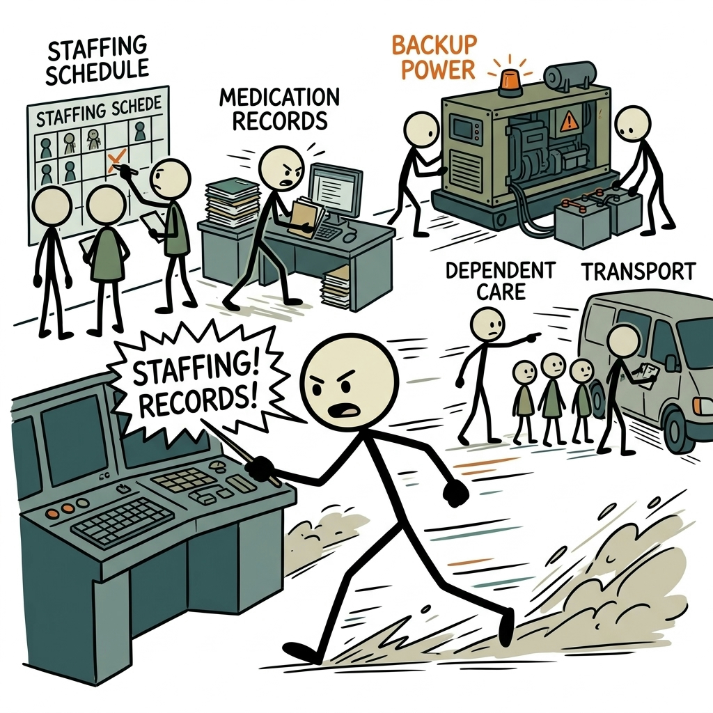 SC-style illustration for Plan staffing, medication records, backup power, transport, and handoffs for dependent care.