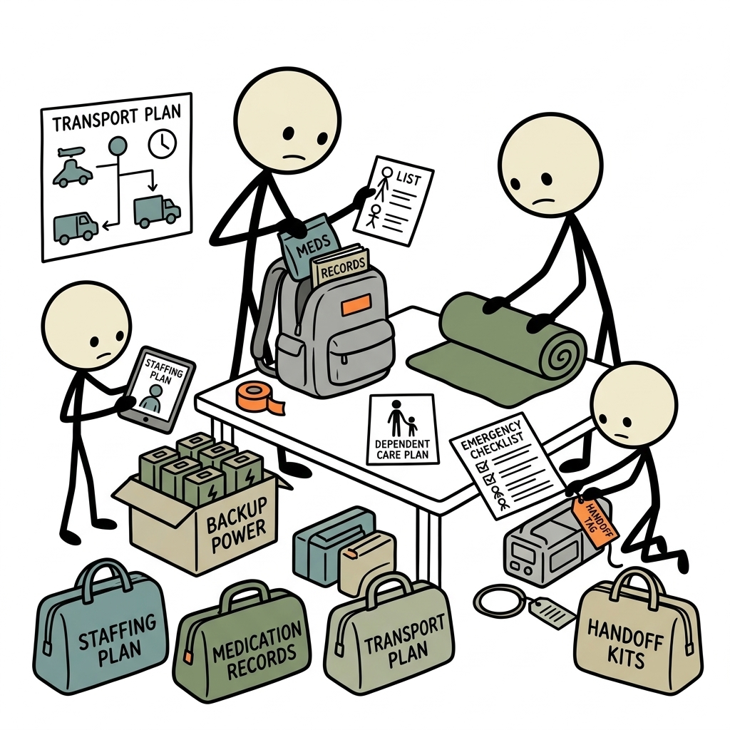 SC-style illustration for Plan staffing, medication records, backup power, transport, and handoffs for dependent care.