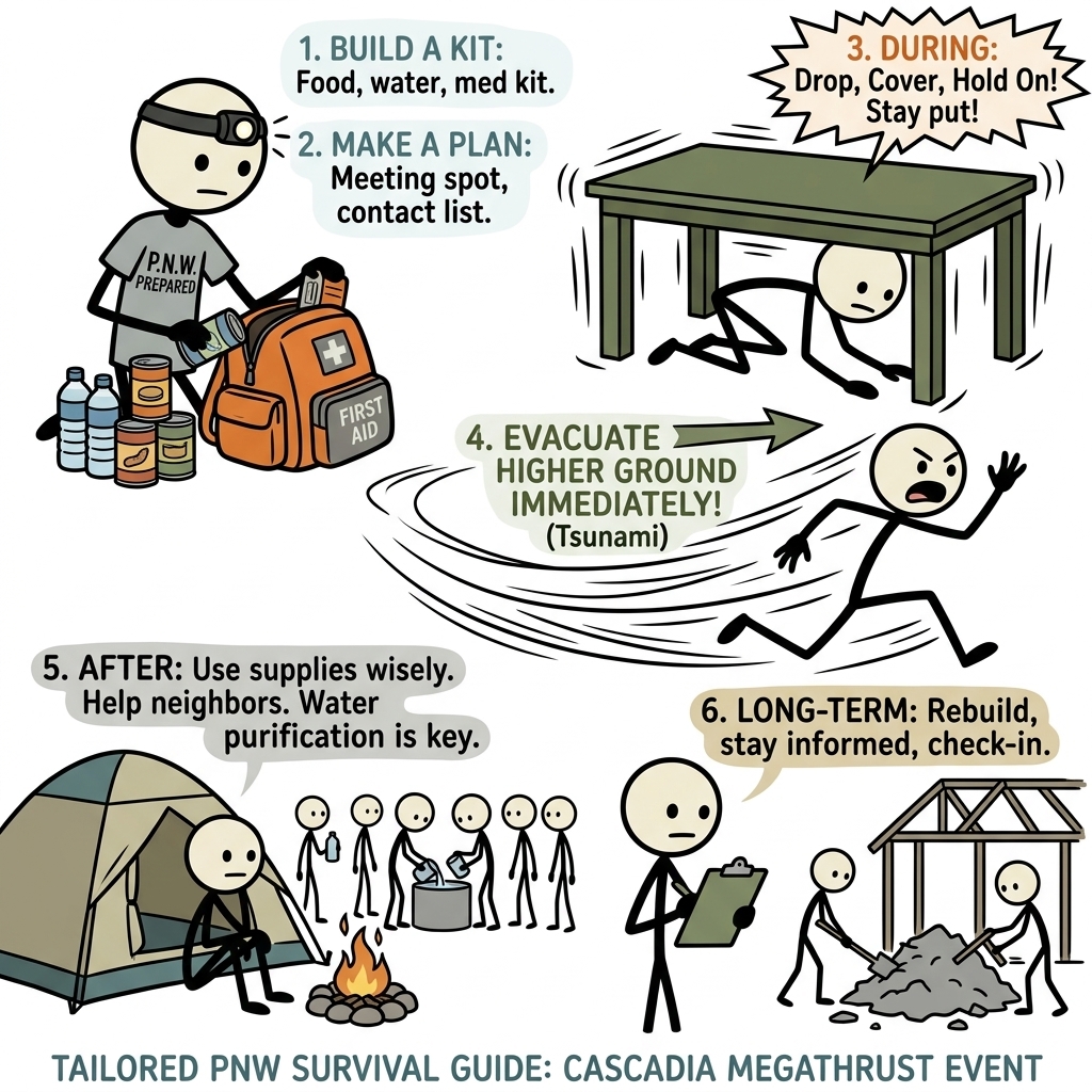 SC-style illustration for A comprehensive, actionable survival guide tailored for Pacific Northwest residents to prepare for, survive, and recover from a catastrophic Cascadia Subduction Zone megathrust earthquake.