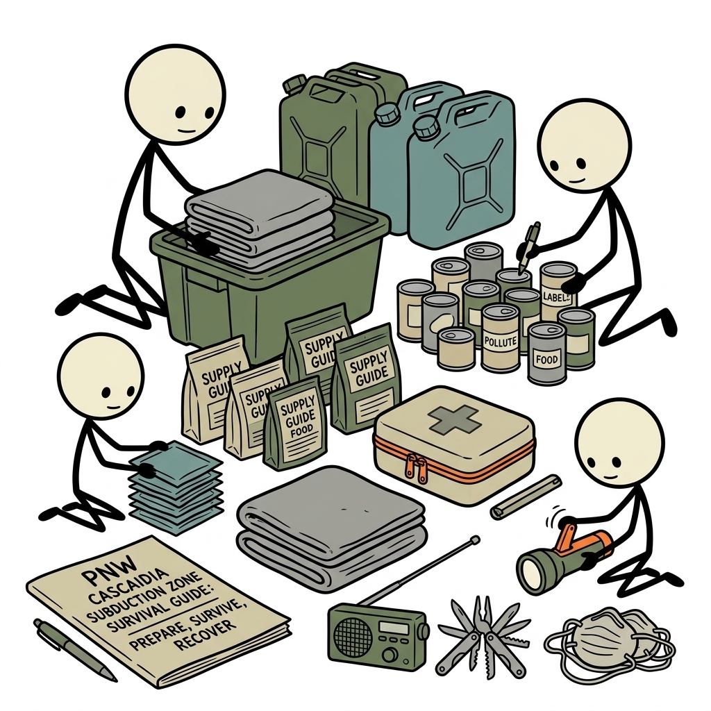 SC-style illustration for A comprehensive, actionable survival guide tailored for Pacific Northwest residents to prepare for, survive, and recover from a catastrophic Cascadia Subduction Zone megathrust earthquake.