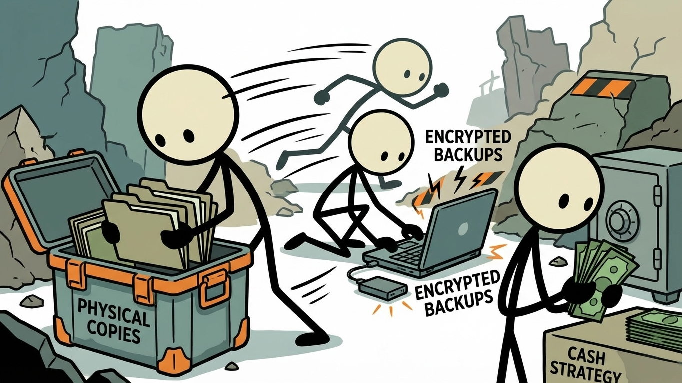 SC-style illustration for critical document preparedness including physical copies, encrypted digital backups, waterproof storage, and cash strategy