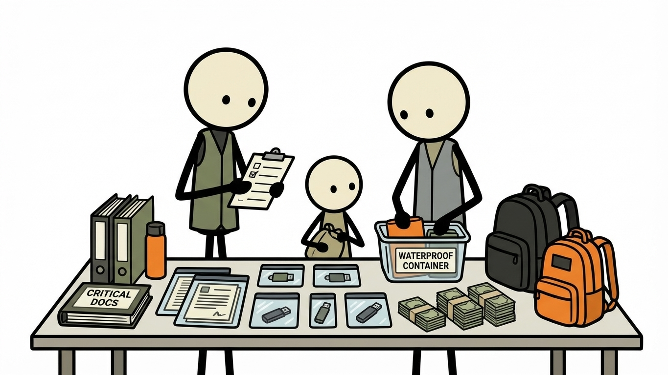 SC-style illustration for critical document preparedness including physical copies, encrypted digital backups, waterproof storage, and cash strategy