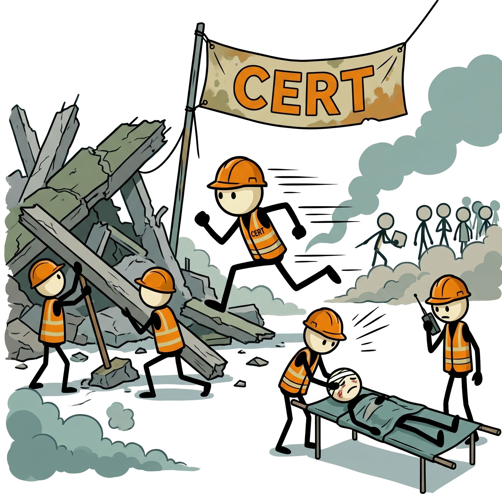SC-style illustration for This post explores how individuals can join or form Community Emergency Response Teams (CERT) to build hyper-local resilience, detailing the training process, essential disaster response skills learned, and how organized neighborhood teams save lives before professional first responders arrive.