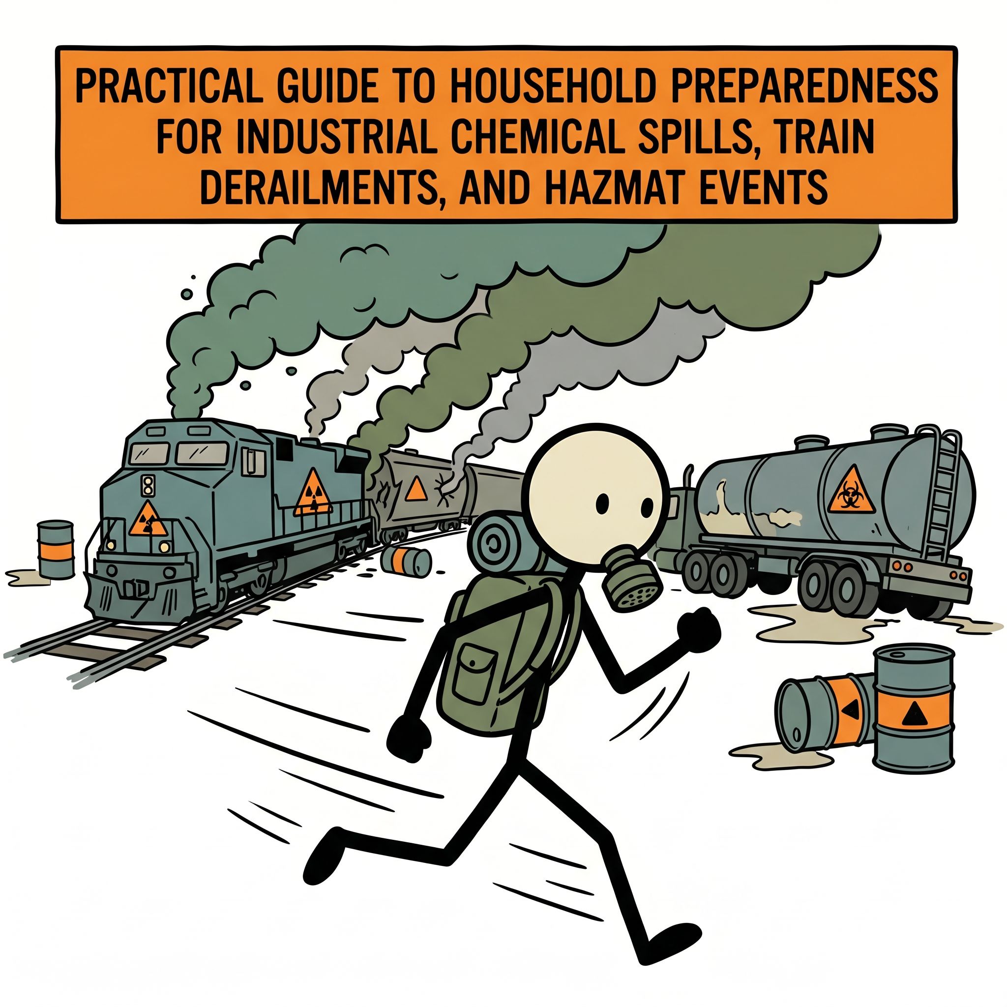 SC-style illustration for Practical guide to household preparedness for industrial chemical spills, train derailments, and hazmat events
