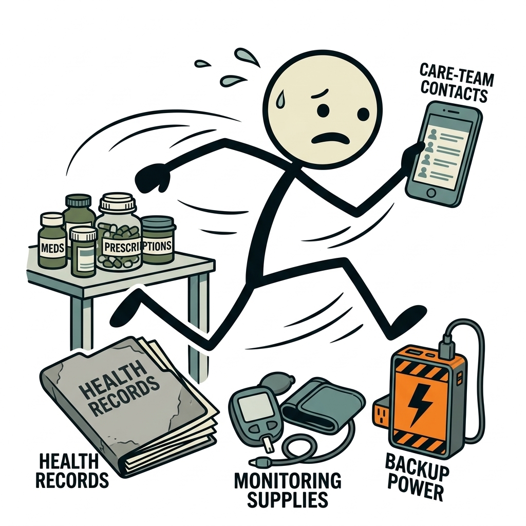 SC-style illustration for Plan medications, records, monitoring supplies, backup power, and care-team contacts for ongoing conditions.