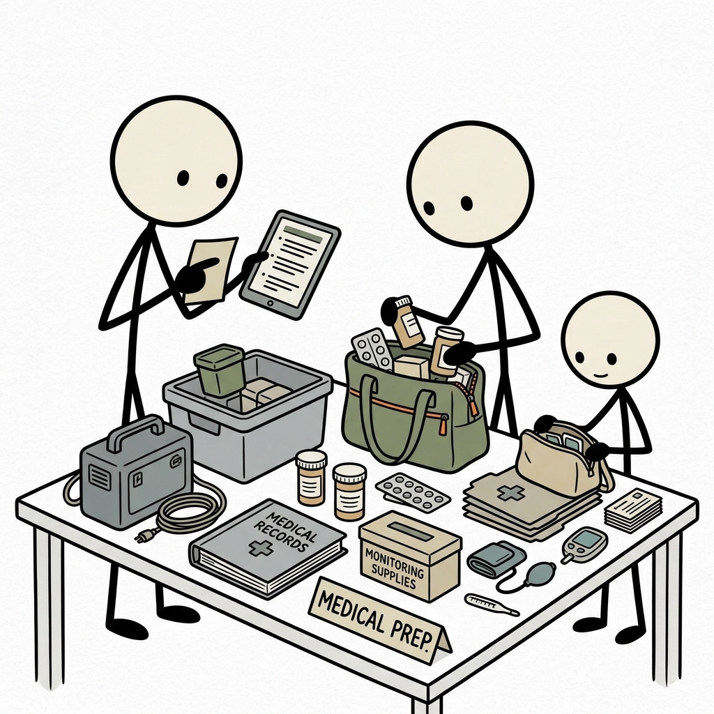 SC-style illustration for Plan medications, records, monitoring supplies, backup power, and care-team contacts for ongoing conditions.