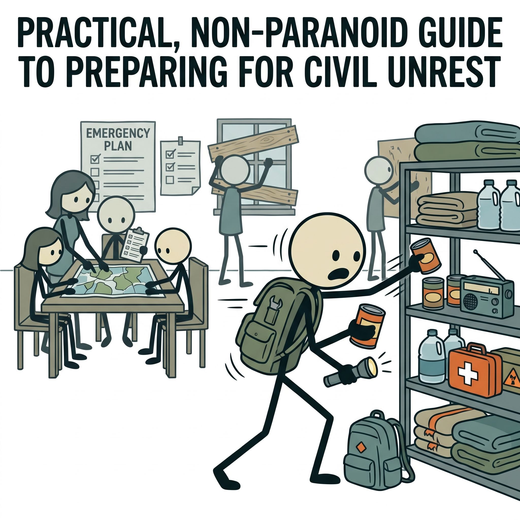 SC-style illustration for Practical, non-paranoid guide to preparing for civil unrest