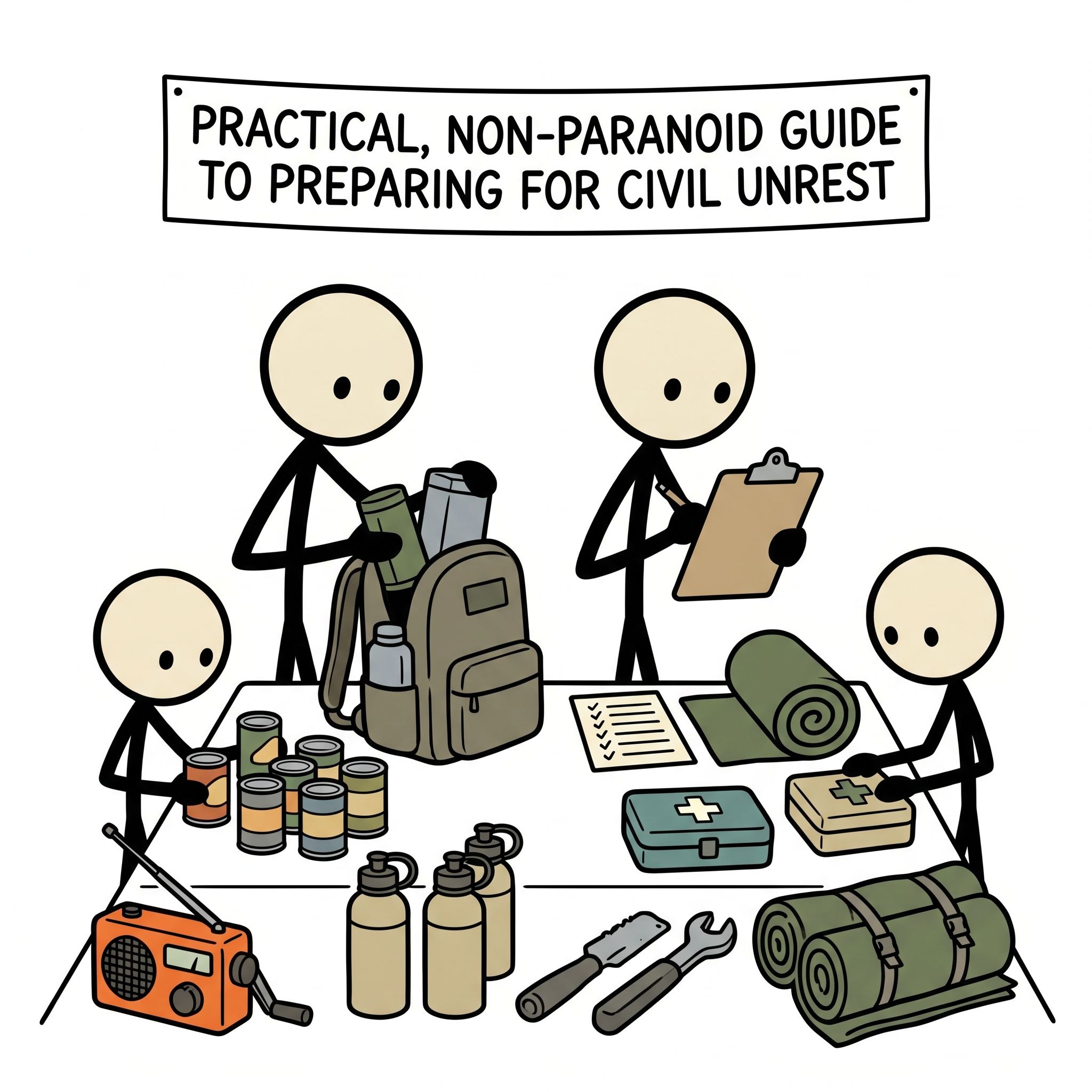 SC-style illustration for Practical, non-paranoid guide to preparing for civil unrest
